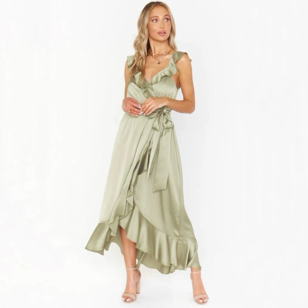 NWT Show Me Your Mumu Samantha Ruffle Wrap Dress Luxe Satin Moss Green Medium
